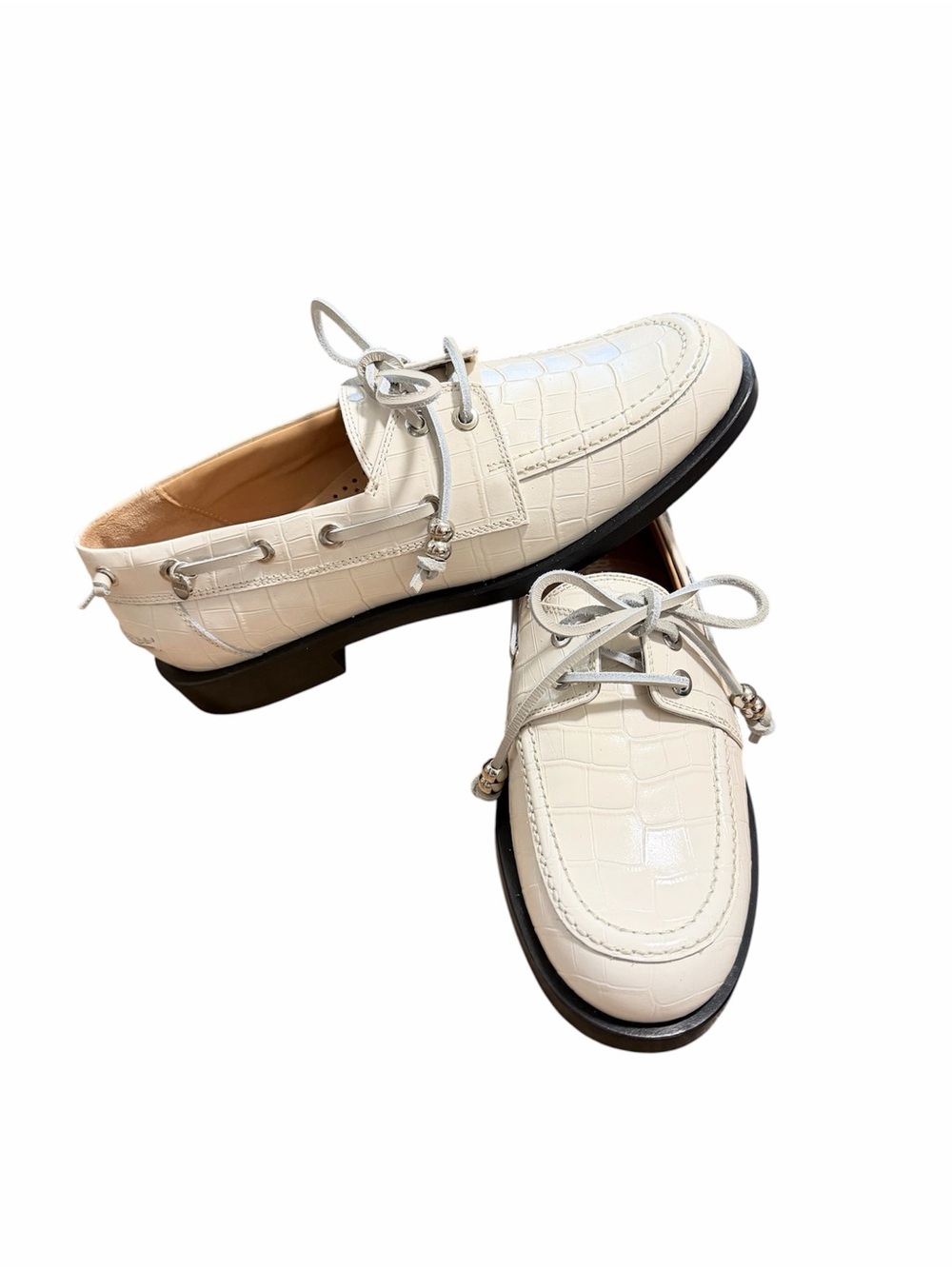 LABUCQ Nelson Boat Shoe Leather Ivory Croc Loafers, Italian 37 NWT